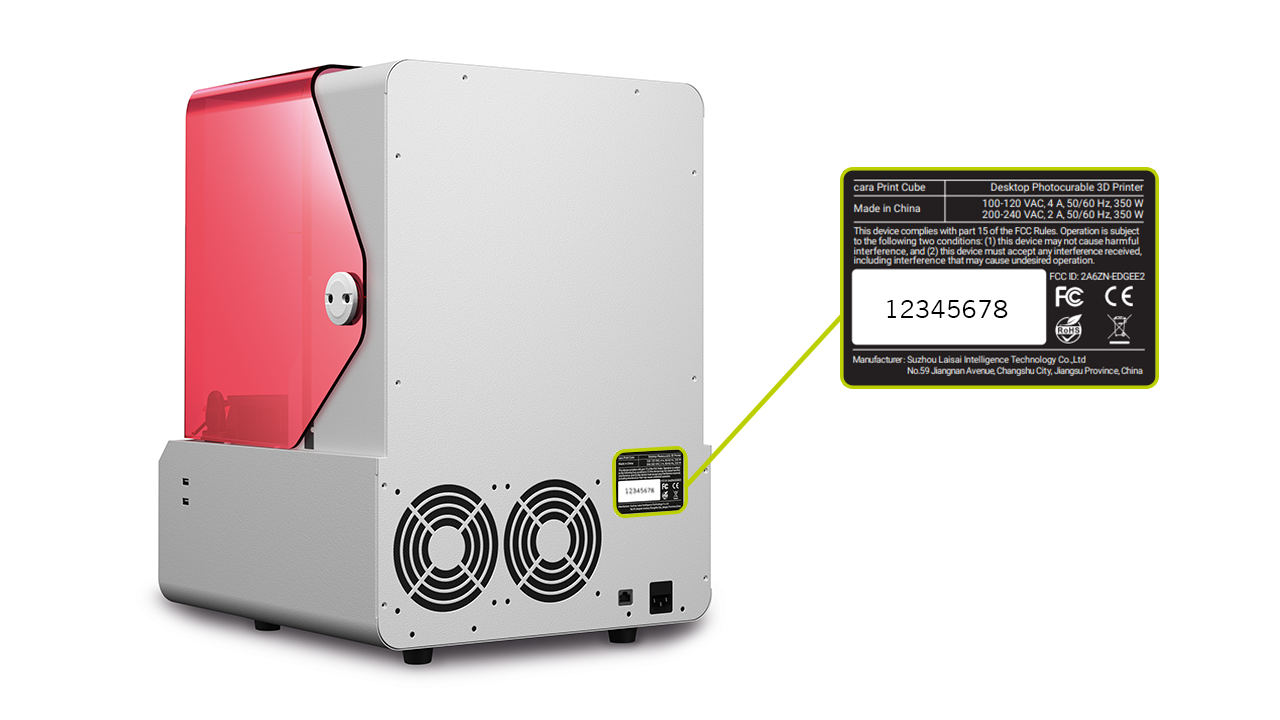 Serial number on cara Print Cube